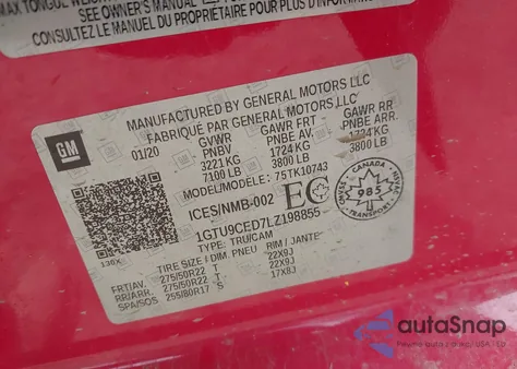 2020 GMC Sierra 1500 4Wd Short Box Elevation/4Wd Standard Box Elevation z USA, uszkodzony, nr VIN 1GTU9CED7LZ198855